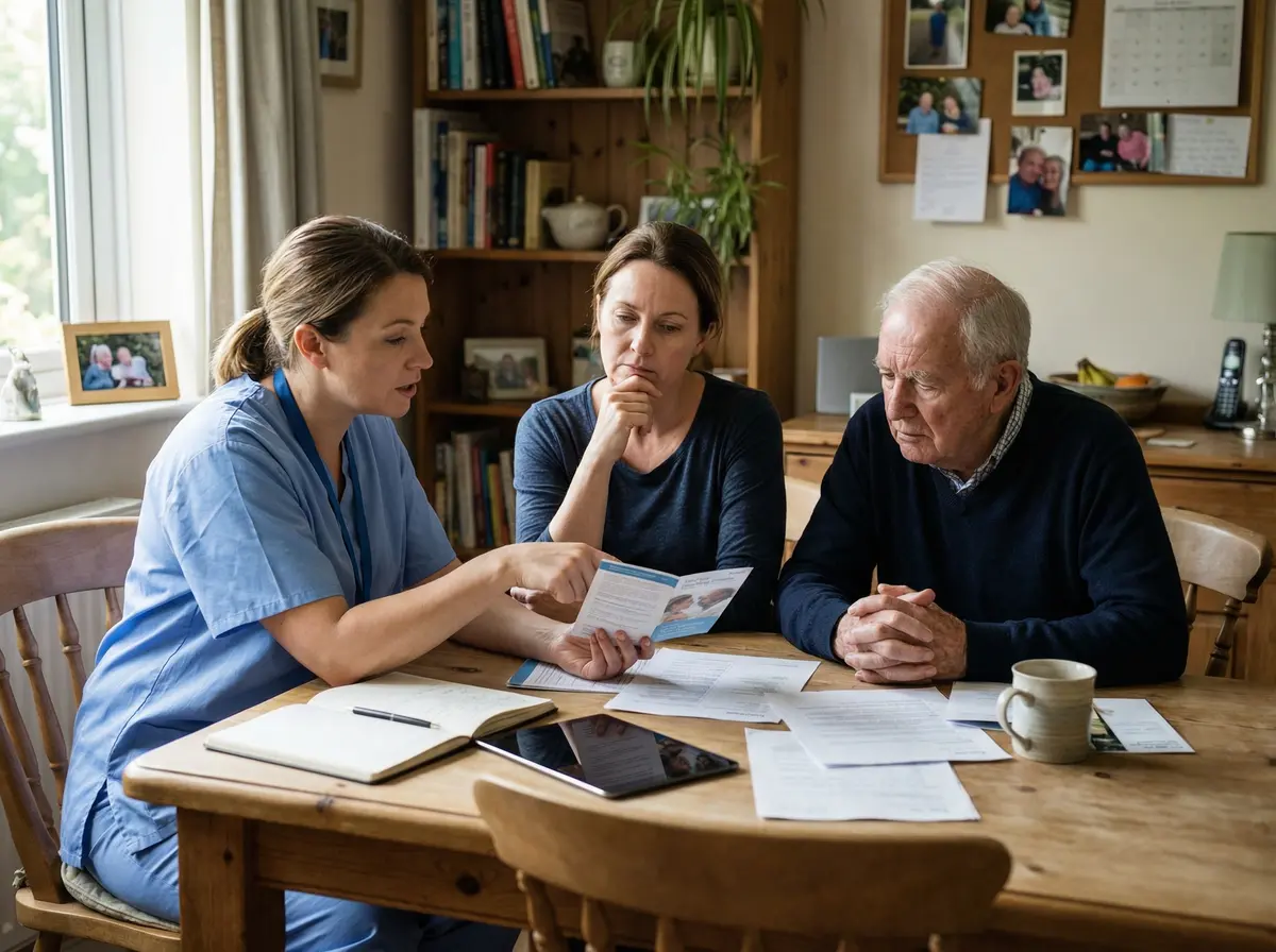 Famille comparant les options entre aide à domicile et maison de retraite