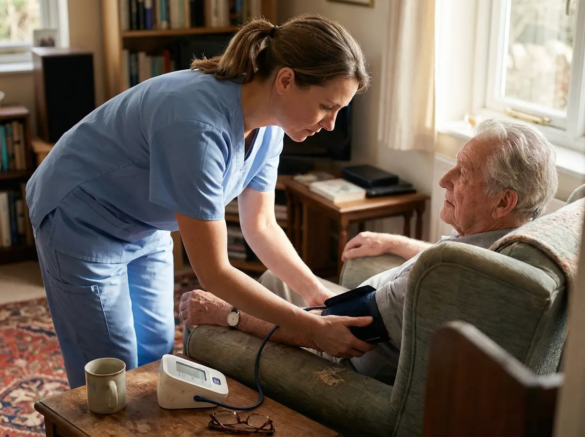 Aide-soignante prenant la tension d'un patient à domicile
