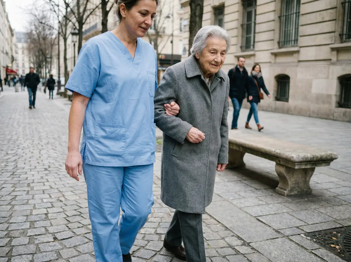 Senior profitant d'une promenade en ville avec son accompagnatrice