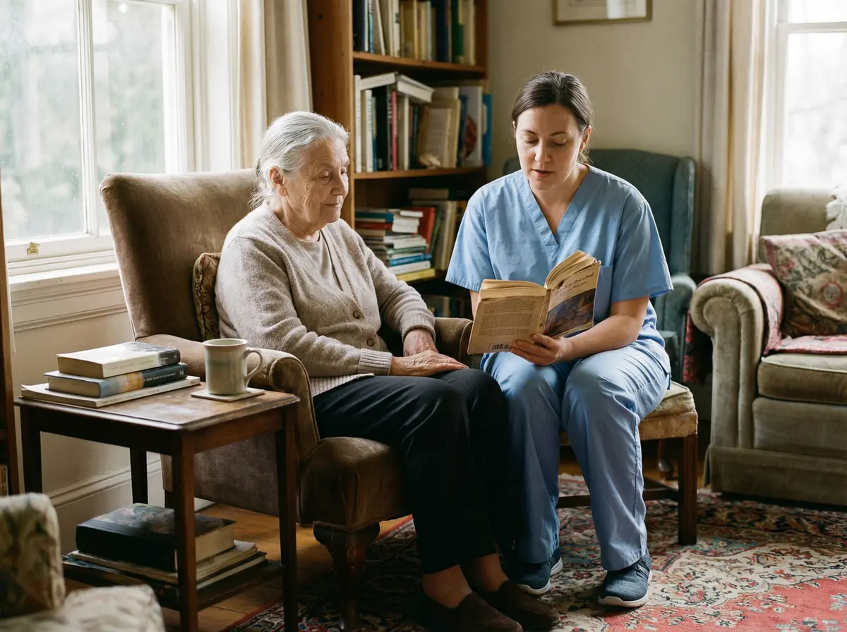 Dame de compagnie partageant un moment de lecture avec une personne âgée