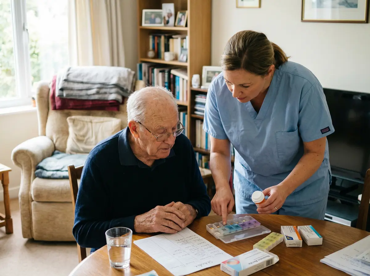 Accompagnatrice aidant un senior avec la gestion de ses médicaments