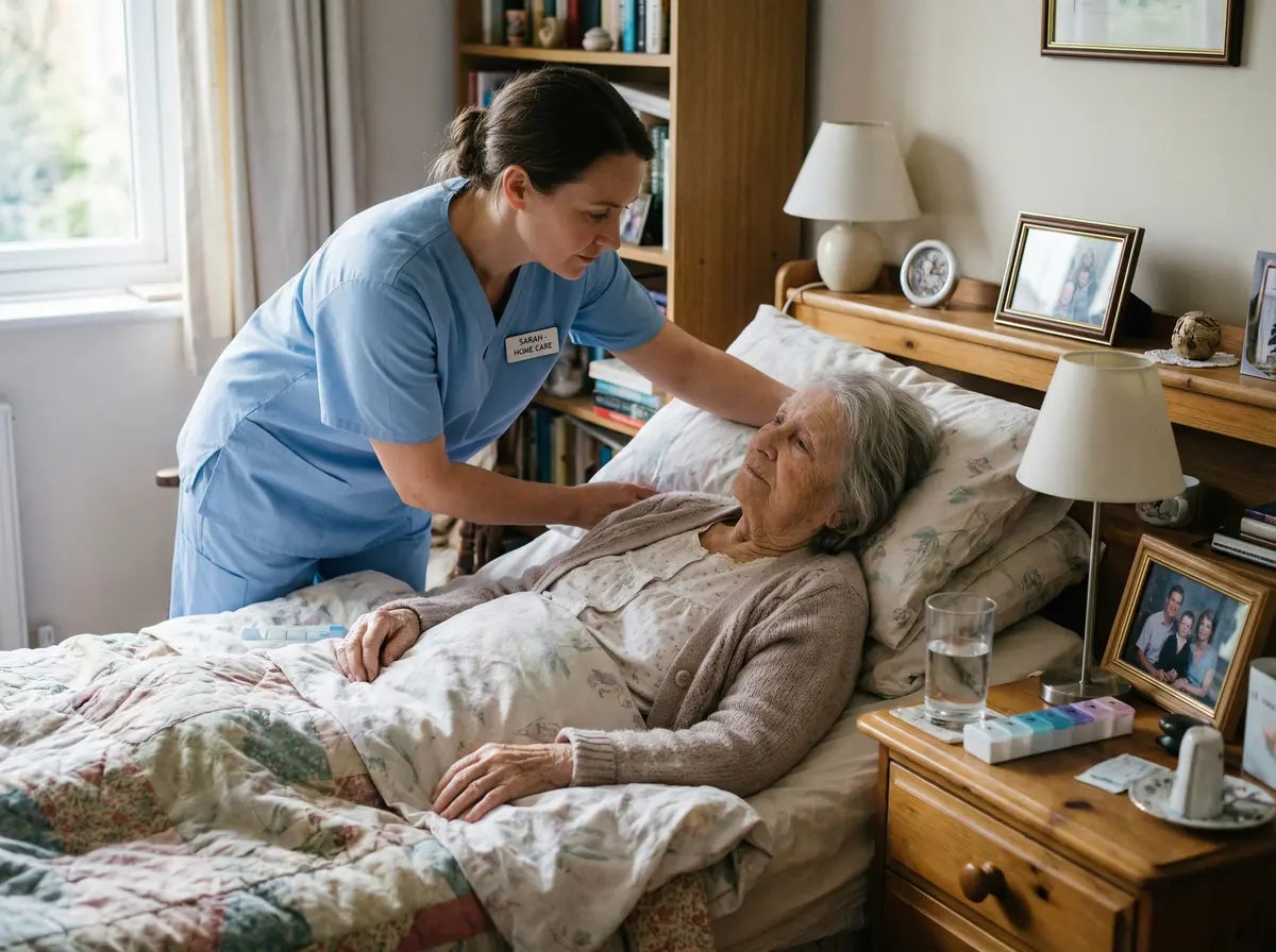 Garde malade accompagnant une personne âgée alitée à domicile