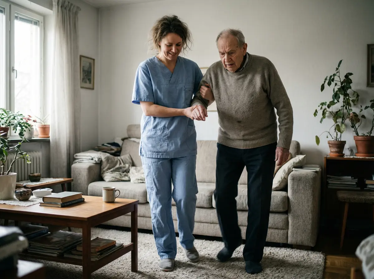 Aide-soignante accompagnant un patient atteint de Parkinson dans ses déplacements