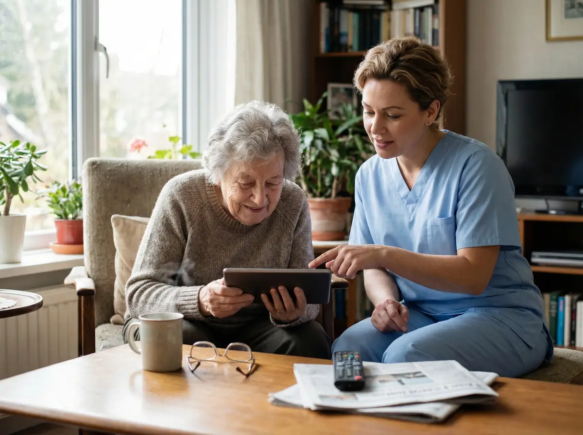 Senior utilisant une tablette avec l'aide d'une accompagnatrice