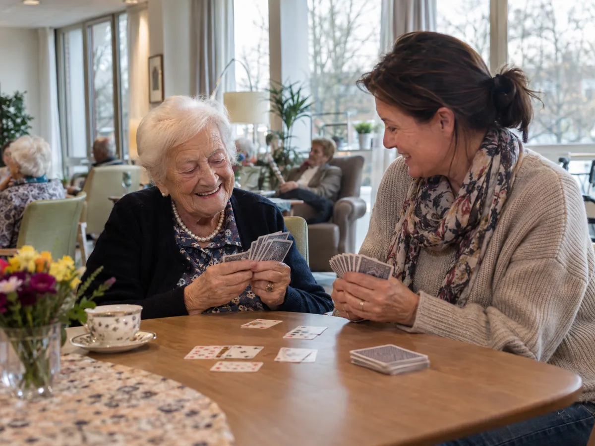 Une dame âgée joue aux cartes avec son accompagnante dans le salon d'une maison de repos