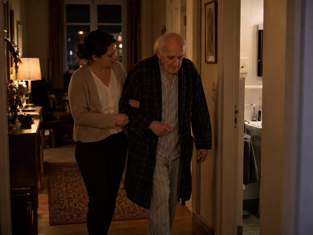 La nuit, une garde-malade accompagne un monsieur âgé dans le couloir de sa maison