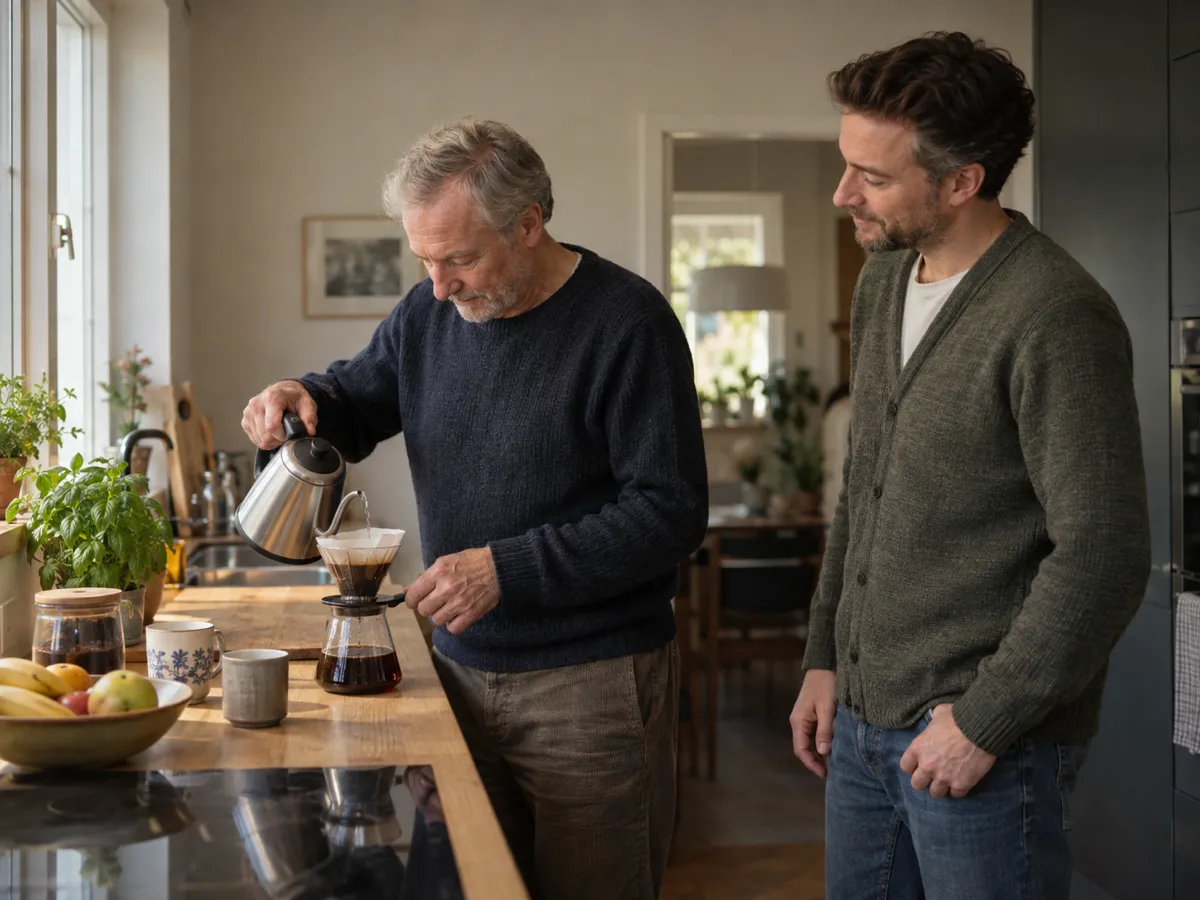 Un homme de 62 ans prépare son café dans sa cuisine, son garde-malade à côté de lui