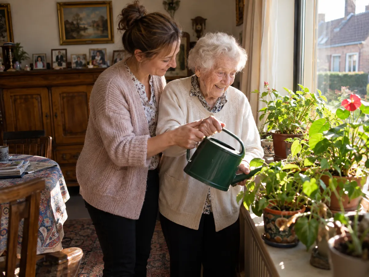 De retour chez elle, une dame âgée arrose ses plantes avec sa garde-malade