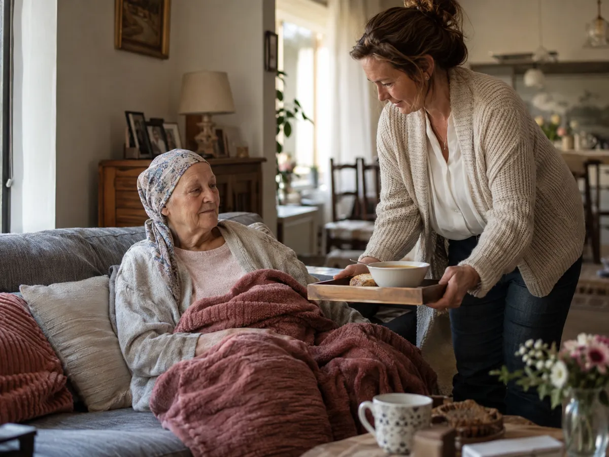 Une dame se repose sur son canapé pendant que son accompagnante lui apporte un bol de soupe