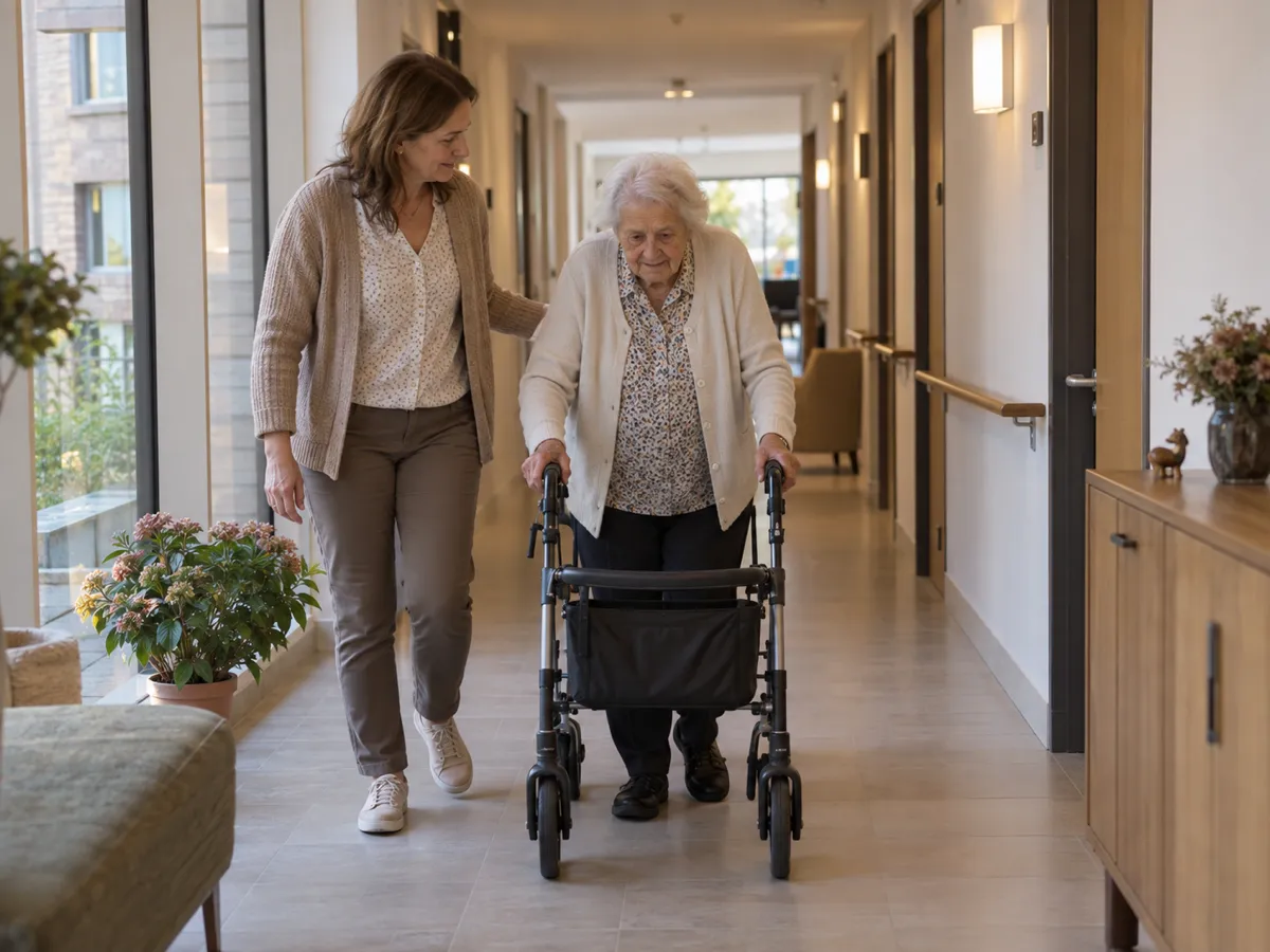 Une dame très âgée marche avec son rollator dans le couloir de sa résidence-services, accompagnée