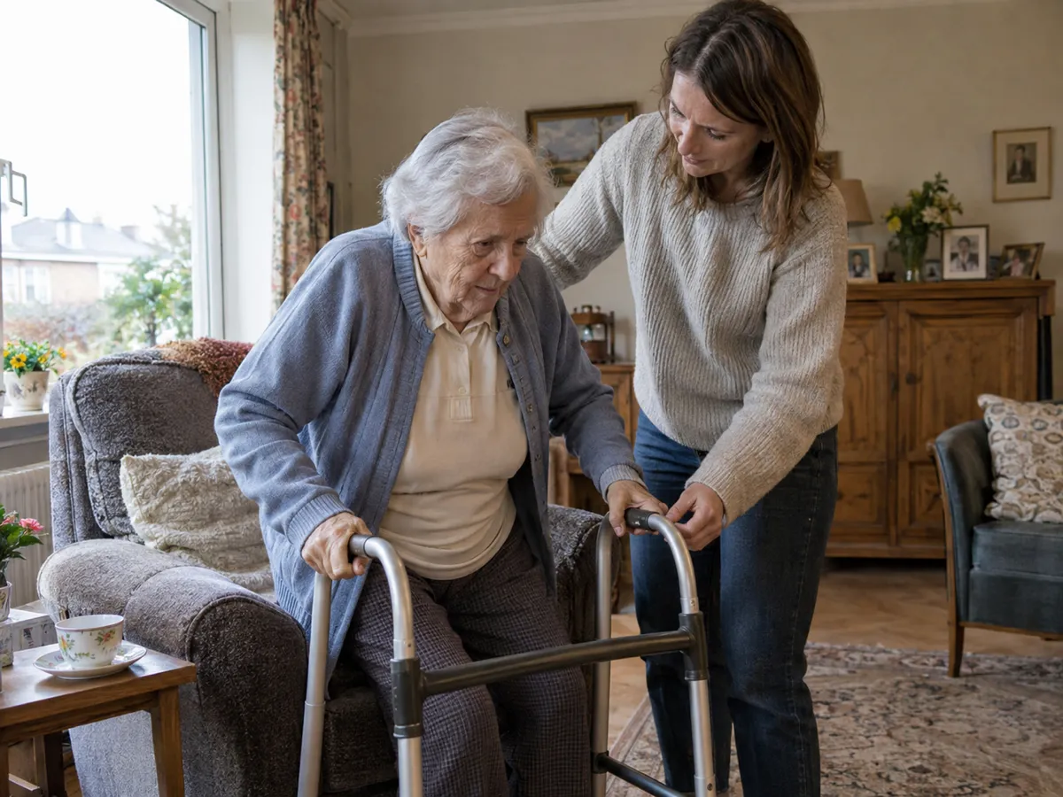 Après une opération de la hanche, une dame âgée se lève de son fauteuil avec un déambulateur, aidée par sa garde-malade