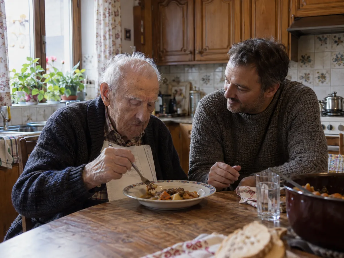 Un monsieur âgé prend son repas dans sa cuisine, son garde-malade assis à ses côtés